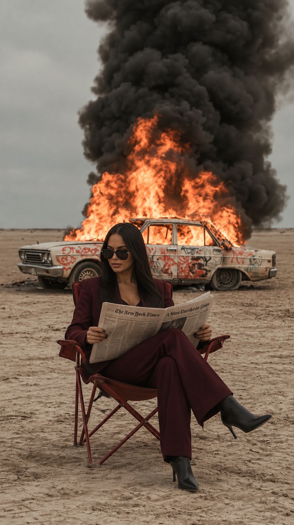 A woman reads a newspaper in a folding chair in front of a burning car