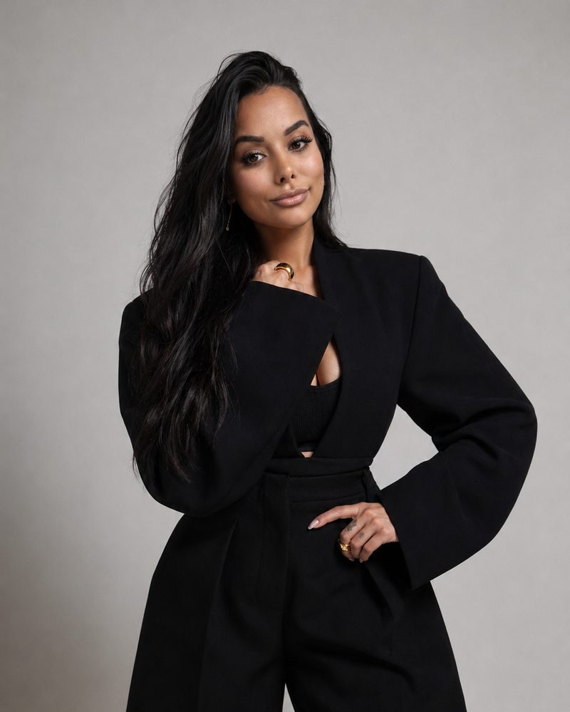 Jas, founder of Altr., in a black suit against a grey studio backdrop